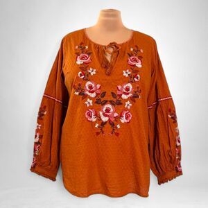STARLING REINE Orange Floral Embroidered Blouse, NWT! Size Small